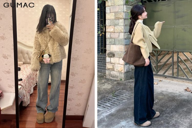 Áo khoác lông cừu quần jean