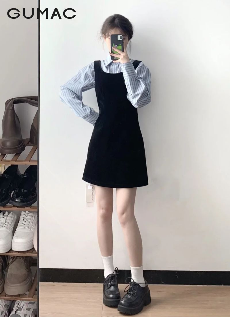 Đầm suông mix áo sơ mi dài có cổ