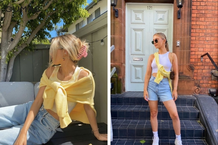 Thời trang áo 2 dây cùng áo sơ mi buộc kiểu thủ thư