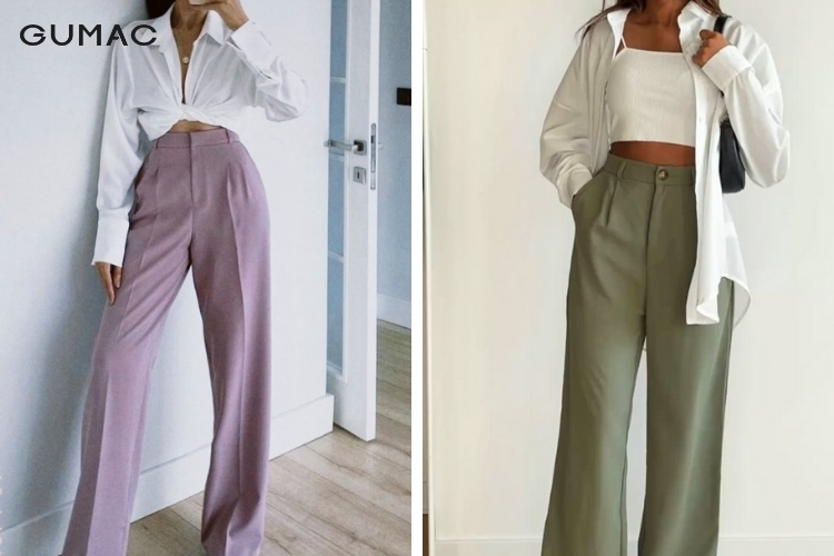 Phong cách quần ống rộng với áo 2 dây trong sơ mi