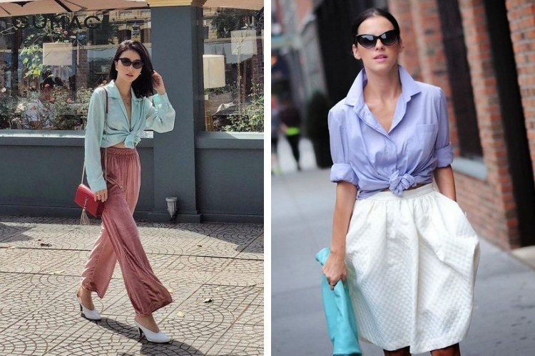 Áo hai dây mặc trong áo sơ mi buộc vạt áo