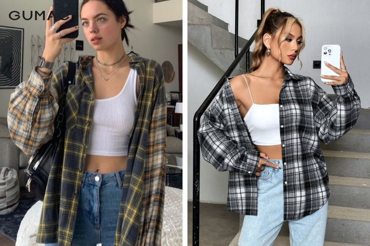 Quần jean dài với áo 2 dây và áo sơ mi tươi tắn