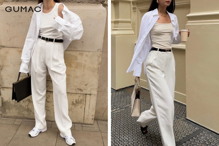 Mặc áo hai dây trong sơ mi với quần tây lịch thiệp