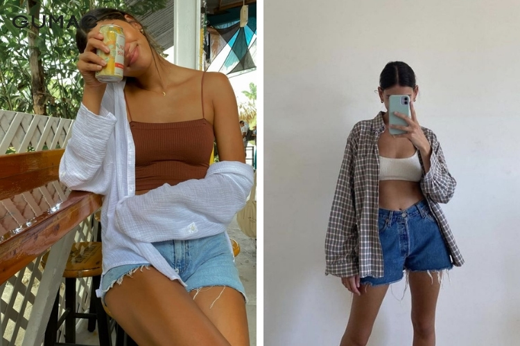 Diện áo 2 dây trong sơ mi cùng quần short trẻ trung