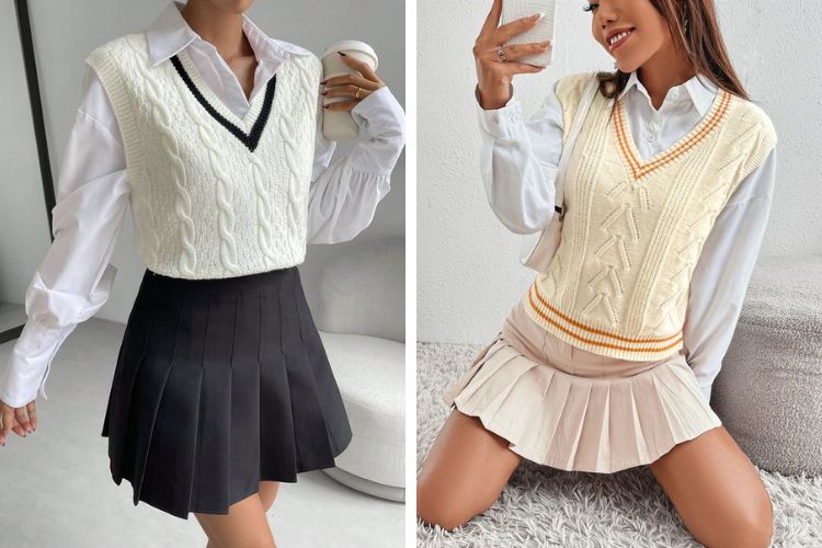 Áo sơ mi + áo gile + chân váy xếp ly