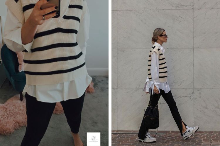 Áo sơ mi + áo len gile sọc + quần legging
