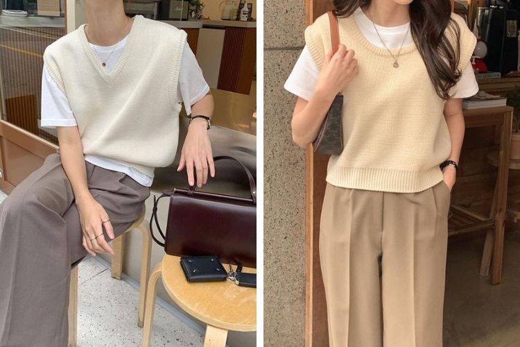Áo sơ mi trắng + áo len gile +&nbsp; quần culottes ống rộng
