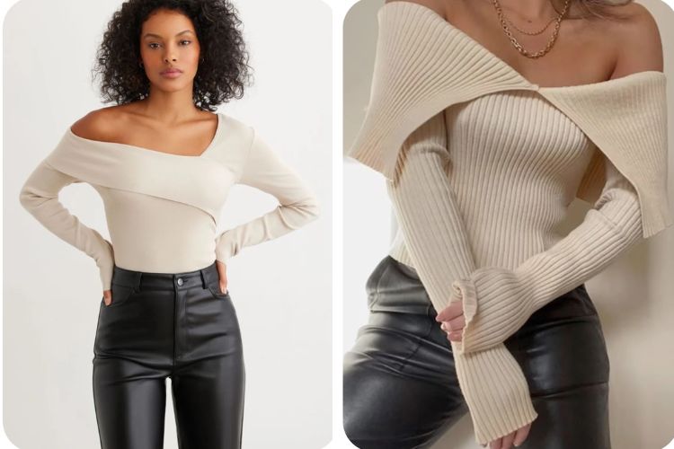 quần da với áo len trễ vai