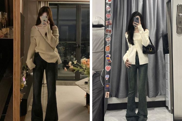 quần bò với áo len trễ vai