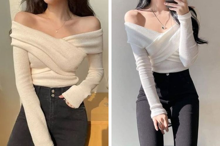 quần jean skinny với áo len trễ vai