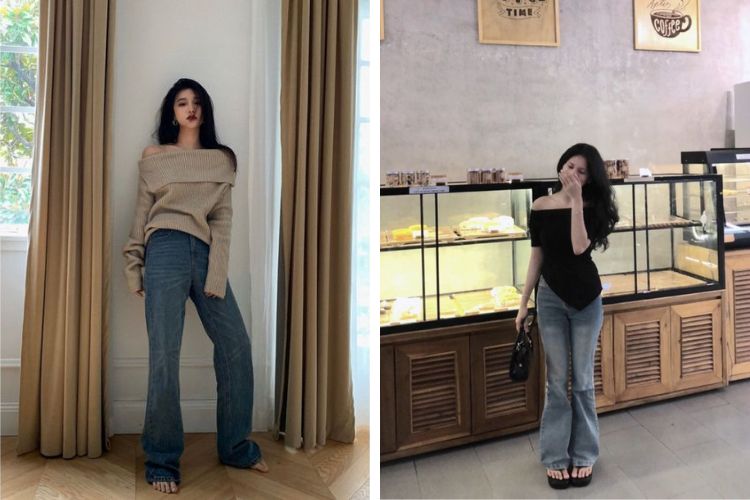 quần jean ống loe mix áo len trễ vai
