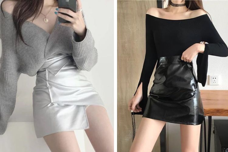 chân váy da với áo len trễ vai
