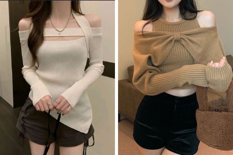 quần short phối áo len trễ vai