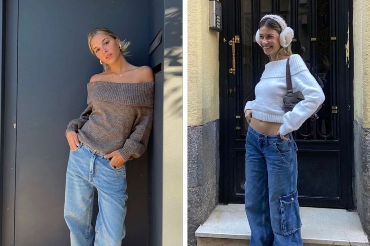 quần bò suông với áo len trễ vai