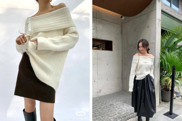 chân váy midi với áo len trễ vai