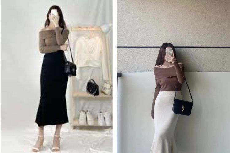 chân váy đuôi cá mix áo len trễ vai