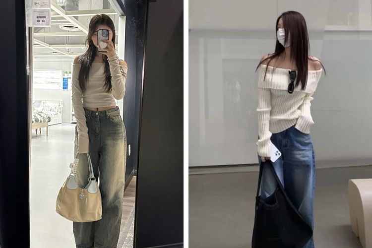 quần jean ống rộng với áo len trễ vai