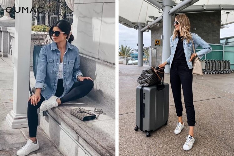 Mix áo sơ mi jean nữ cùng quần legging hiện đại Mix áo sơ mi jean nữ cùng quần legging hiện đại