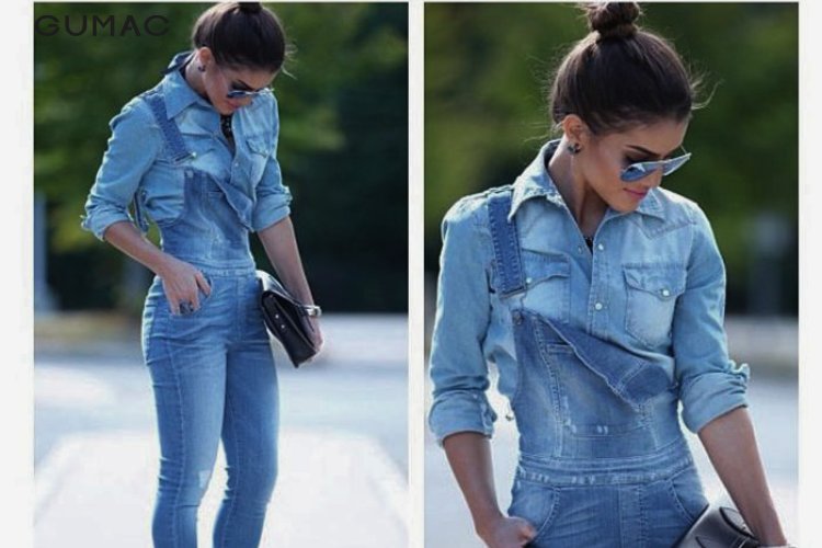 Mix áo sơ mi jean nữ cùng quần yếm Mix áo sơ mi jean nữ cùng quần yếm