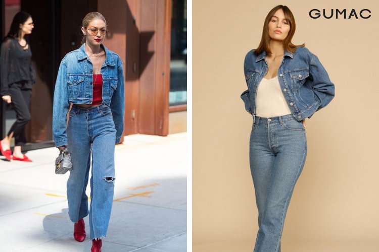 Mix áo sơ mi jean với quần jean đồng điệu Mix áo sơ mi jean với quần jean đồng điệu