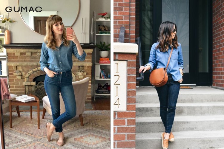 Phối áo sơ mi jean với quần skinny Phối áo sơ mi jean với quần skinny