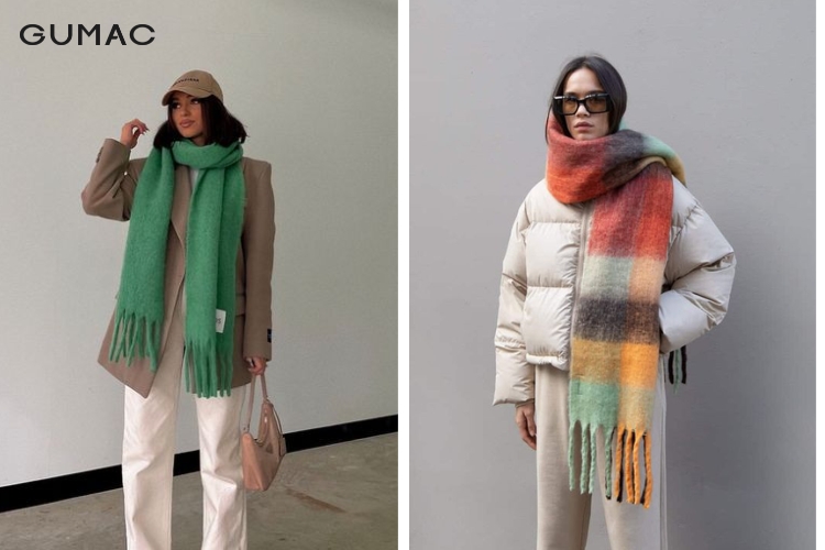 Phối khăn choàng len với áo sơ mi nữ