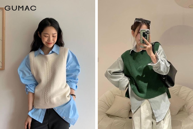 Thời trang mùa đông cho nữ cùng áo sơ mi và gile cá tính