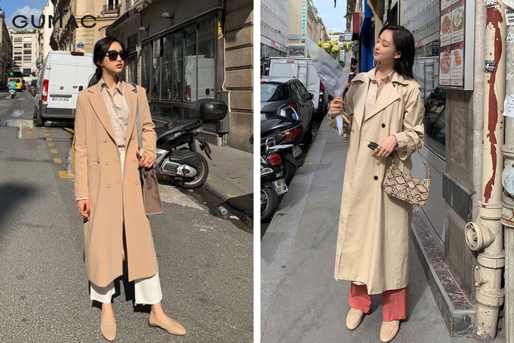 Áo sơ mi nữ mặc với áo khoác dáng dài Hàn Quốc mùa đông