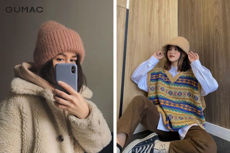 Mix nón len với áo sơ mi nữ