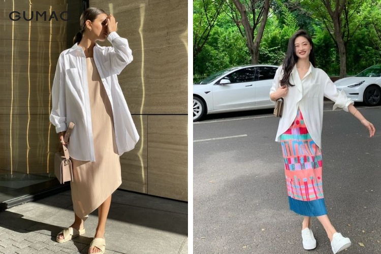 Kết hợp áo sơ mi nữ mùa hè cùng với váy, đầm