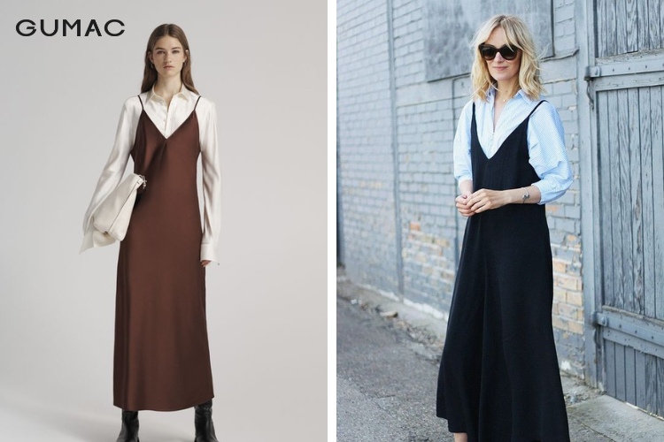 Mix váy đầm hai dây với áo sơ mi nữ mùa thu