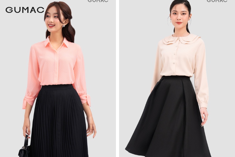 Mặc áo sơ mi nữ cùng chân váy midi dài cho mùa thu