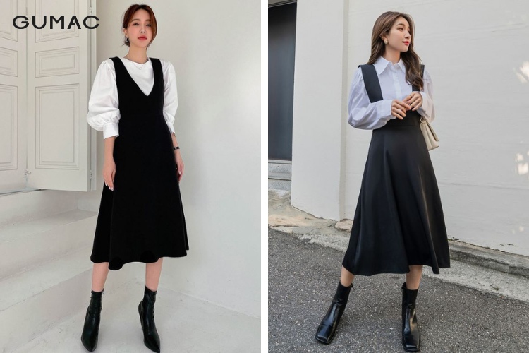 Kết hợp áo sơ mi nữ mùa thu với váy yếm trẻ trung
