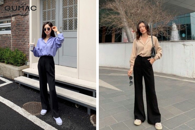 Phối quần jean ống rộng cùng áo sơ mi nữ mùa thu