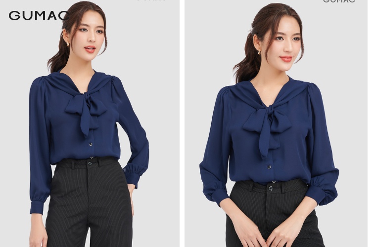 Thời trang nữ mùa thu với áo cổ V buộc nơ