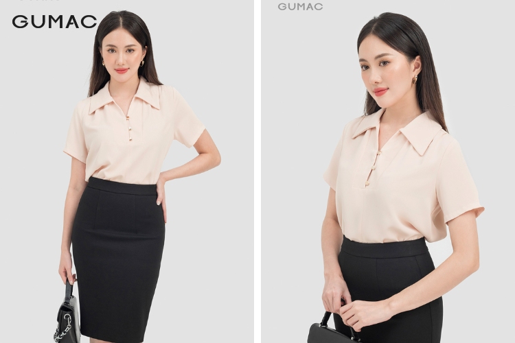 Kiểu dáng áo sơ mi mùa xuân cho nữ với phần cổ bâu nẹp V