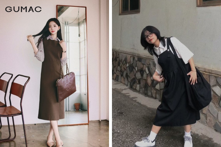 Mix áo sơ mi nữ mùa xuân cùng váy yếm trẻ trung