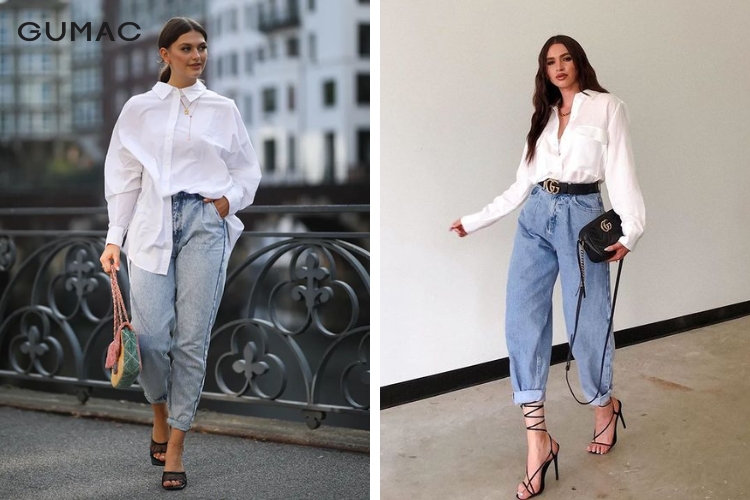 Quần jean baggy cùng áo sơ mi năng động