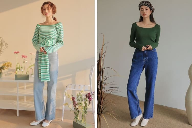 Áo xanh lá mặc với quần màu gì với áo trễ vai