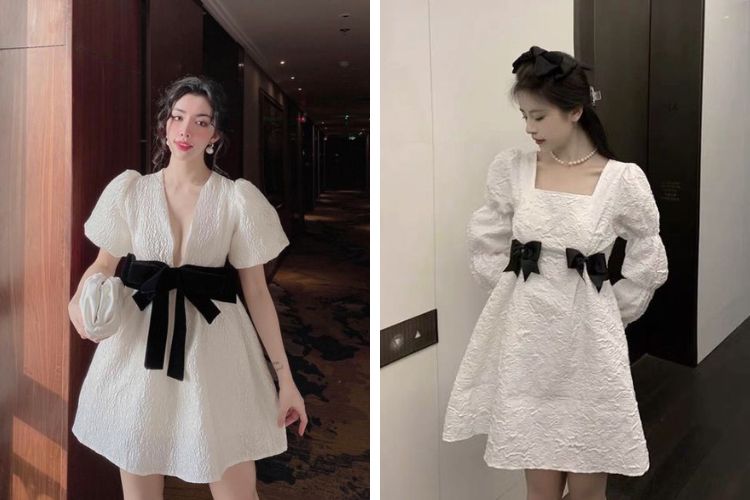 Đầm babydoll đen cổ sen viền trắng HL15-28 | Thời trang công sở K&K Fashion