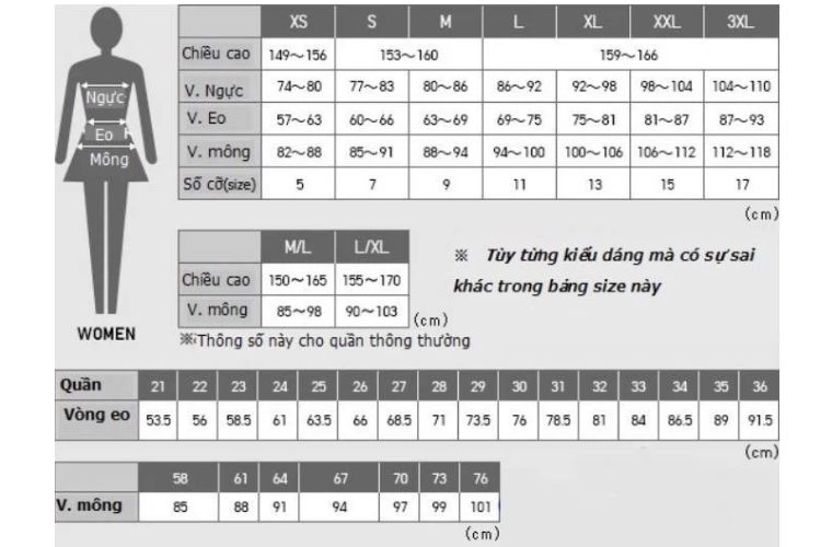 bảng size quần heattech, legging cho nữ