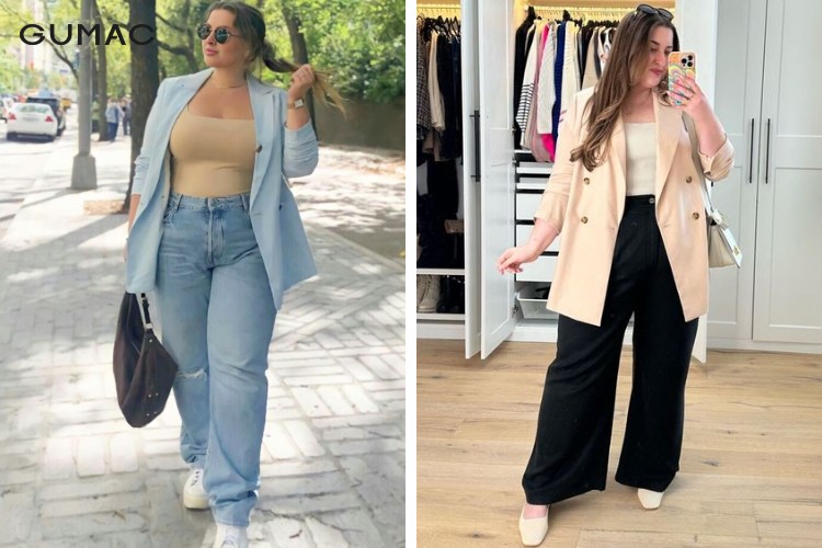 Mix áo blazer với quần ống rộng nữ béo