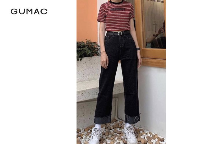 Áo croptop quần ống suông mix dây nịt bụi bặm