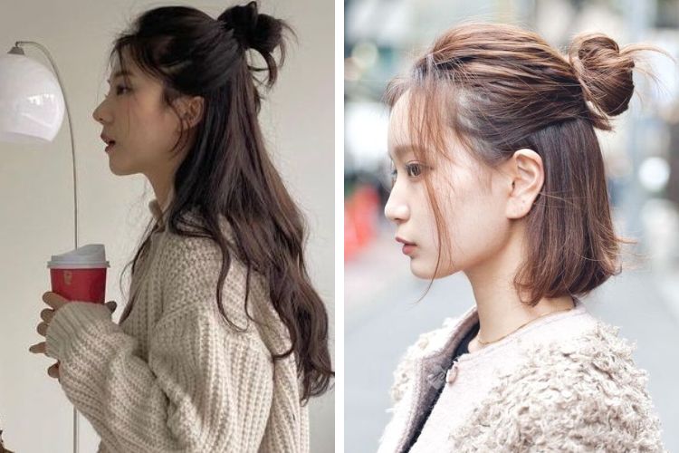 kiểu buộc tóc nữa đầu với mái thưa cho người trán cao