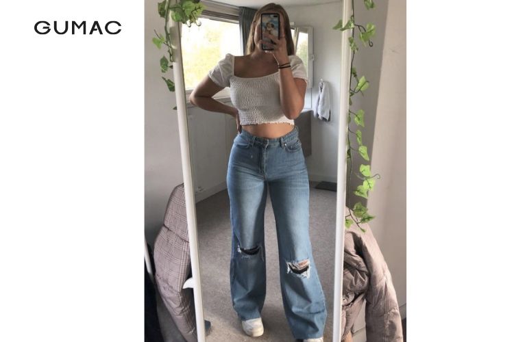 Quần jean ống rộng phối áo croptop cho nữ 60kg