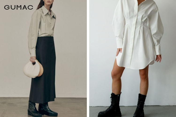 Phối áo sơ mi kiểu dài và boots cá tính
