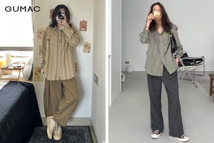 Dùng giày thể thao để mặc cùng outfit áo sơ mi dài