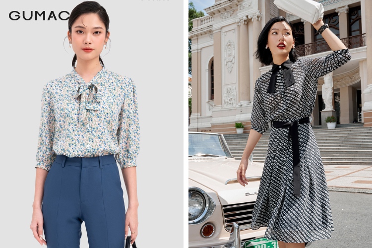 Kiểu áo sơ sơ mi tay phồng thời trang cổ thắt nơ kieu ao so mi tay phong that no co