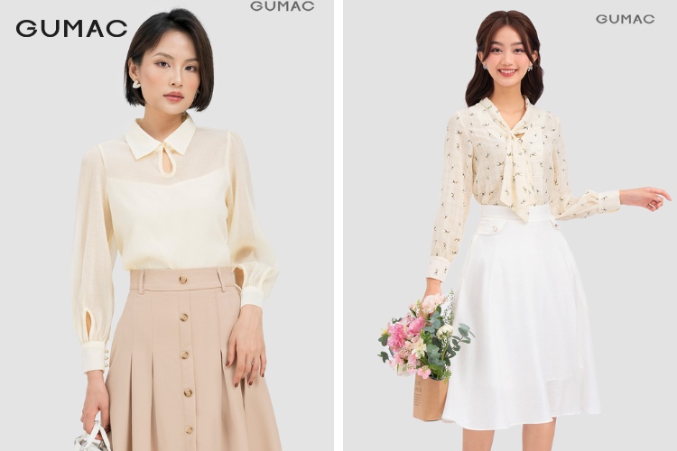 Mẫu áo sơ tay phồng dài vải voan ao so mi tay phong vai voan