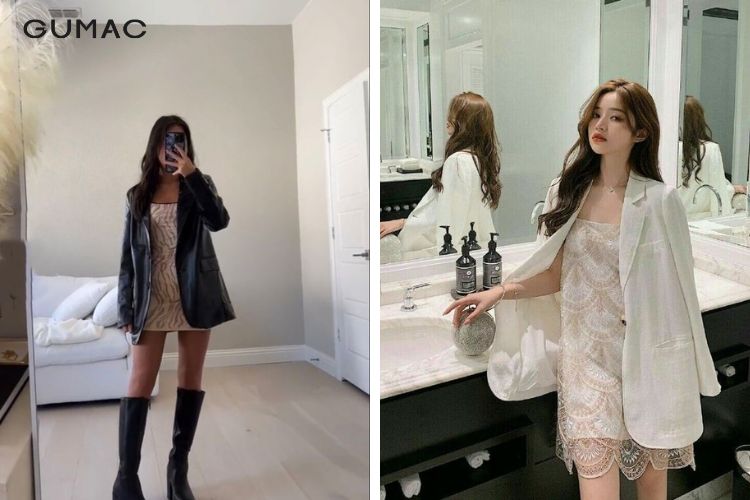 Đầm họa tiết màu be mix áo blazer&nbsp;